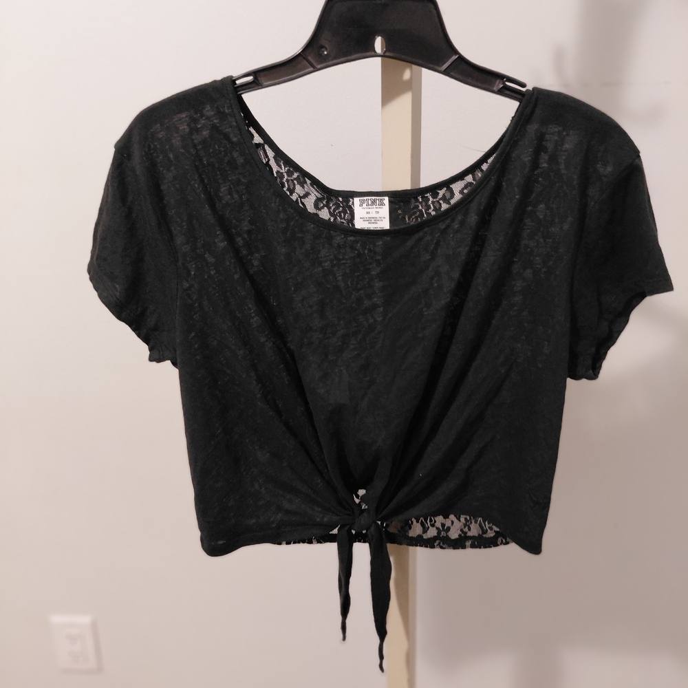PINK Victoria's Secret Black Tie-Front Crop Top